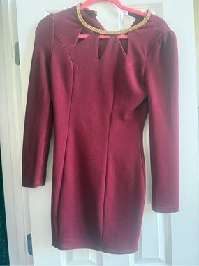 Chain-Neck Burgundy Long-Sleeve Sheath Dress